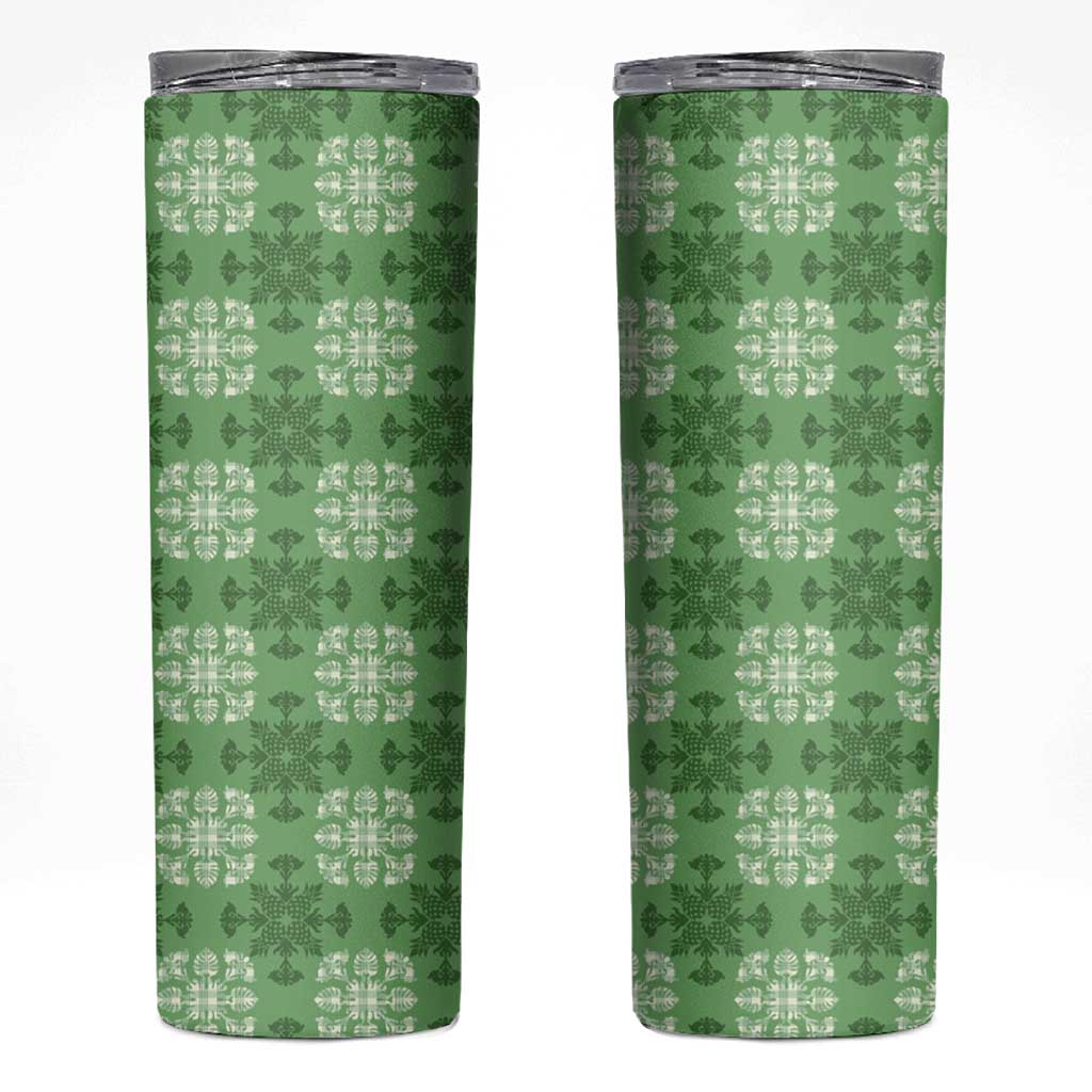 Green Hawaiian Quilt Skinny Tumbler Hawaii Pineapple Monstera Palaka Motifs - Polynesian Pride