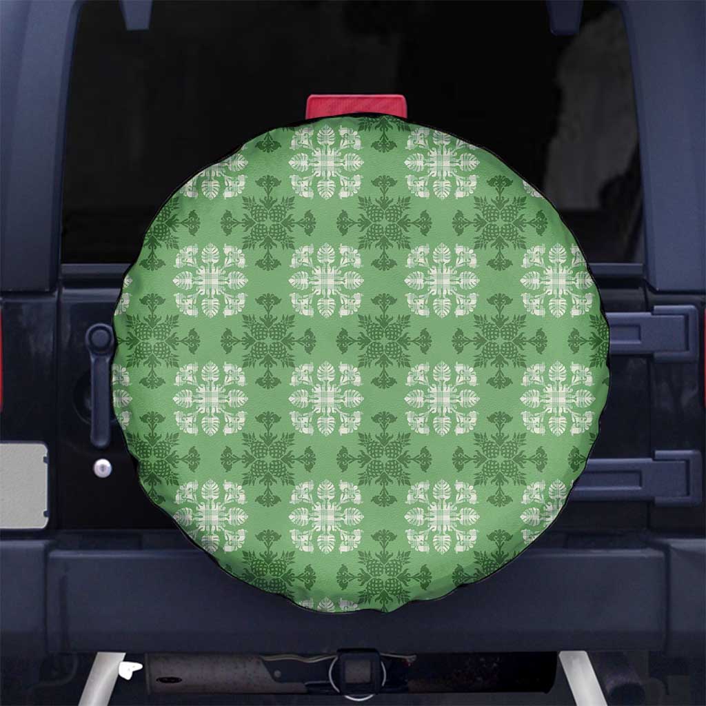 Green Hawaiian Quilt Spare Tire Cover Hawaii Pineapple Monstera Palaka Motifs - Polynesian Pride