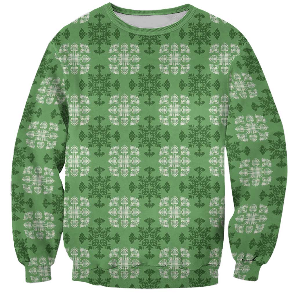 Green Hawaiian Quilt Sweatshirt Hawaii Pineapple Monstera Palaka Motifs - Polynesian Pride
