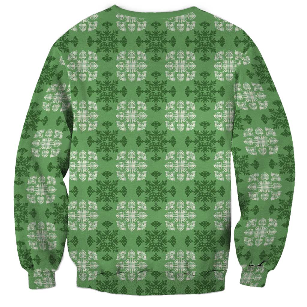 Green Hawaiian Quilt Sweatshirt Hawaii Pineapple Monstera Palaka Motifs - Polynesian Pride