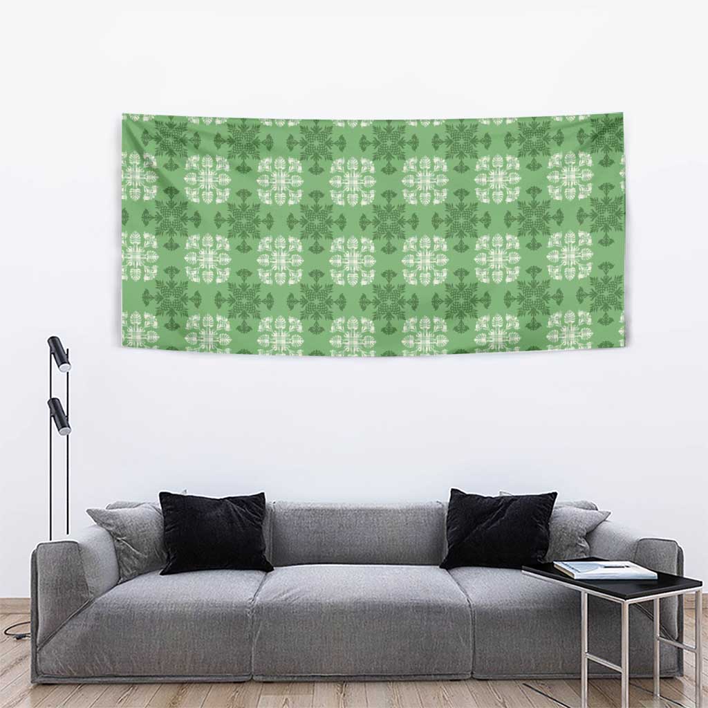 Green Hawaiian Quilt Tapestry Hawaii Pineapple Monstera Palaka Motifs - Polynesian Pride