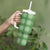 Green Hawaiian Quilt Tumbler With Handle Hawaii Pineapple Monstera Palaka Motifs - Polynesian Pride