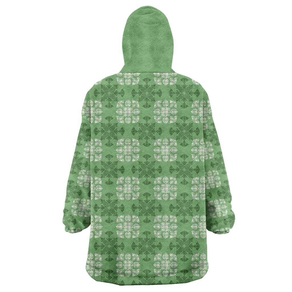 Green Hawaiian Quilt Wearable Blanket Hoodie Hawaii Pineapple Monstera Palaka Motifs - Polynesian Pride