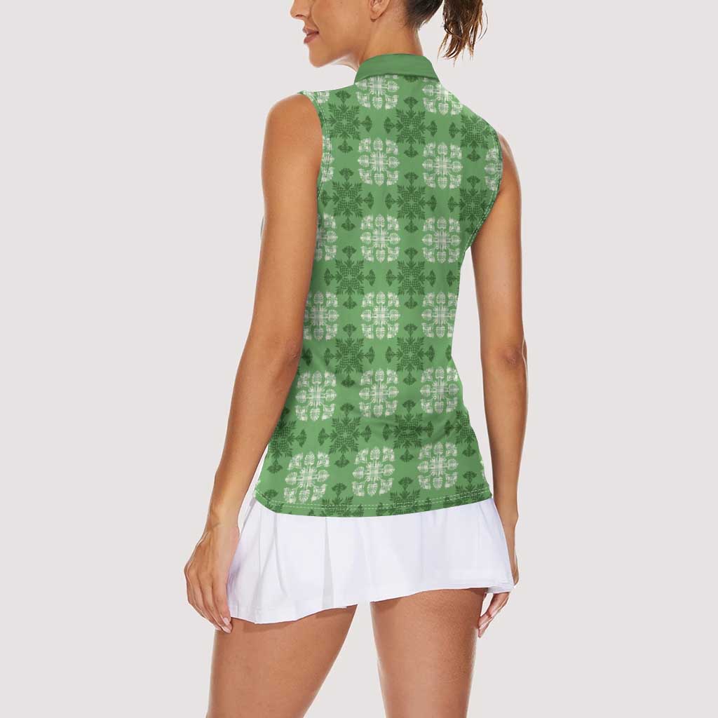 Green Hawaiian Quilt Women Sleeveless Polo Shirt Hawaii Pineapple Monstera Palaka Motifs - Polynesian Pride