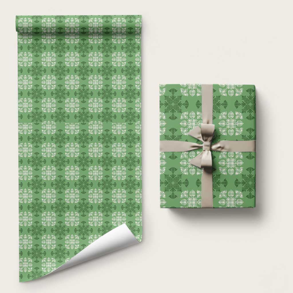 Green Hawaiian Quilt Wrapping Paper Hawaii Pineapple Monstera Palaka Motifs LT14 58" × 23" Green - Polynesian Pride