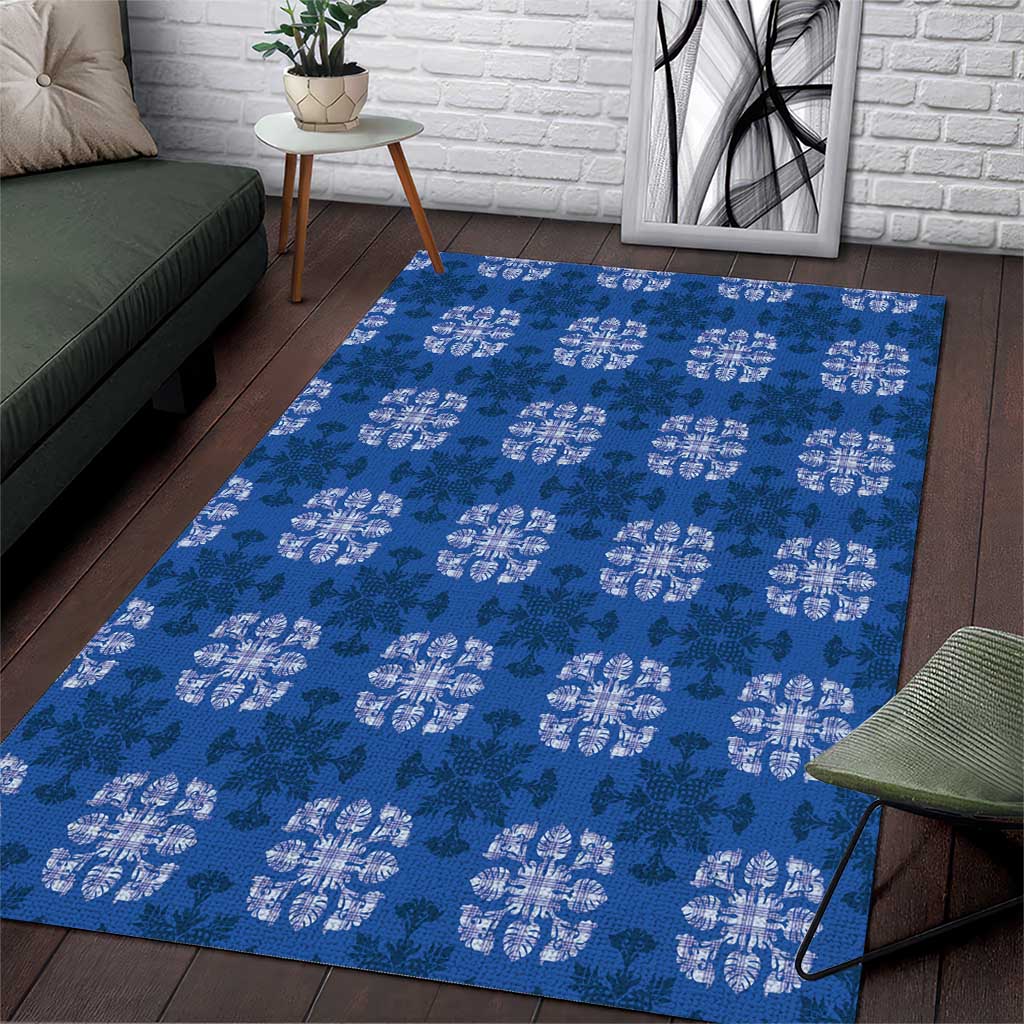 Royal Blue Hawaiian Quilt Area Rug Hawaii Pineapple Monstera Palaka Motifs - Polynesian Pride