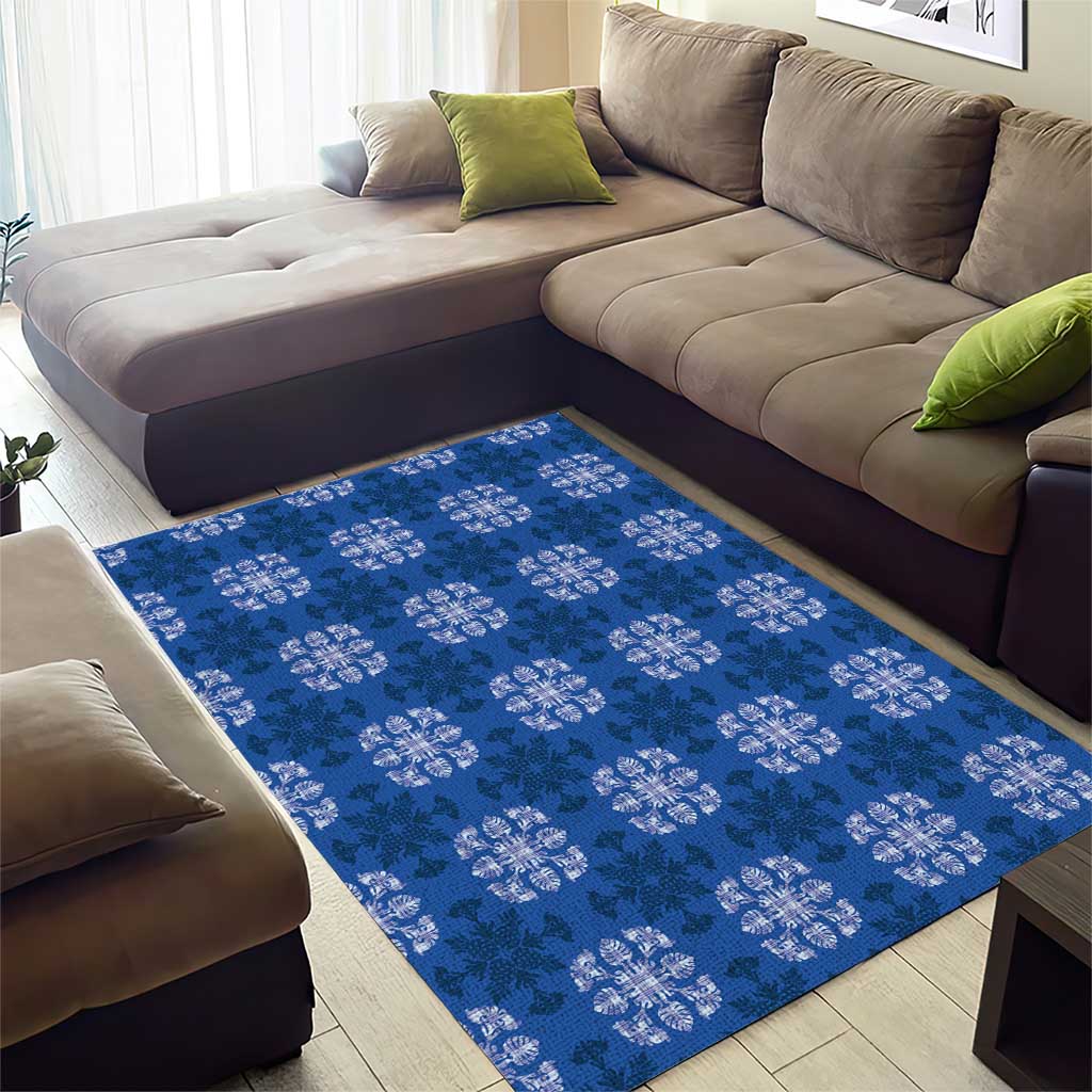 Royal Blue Hawaiian Quilt Area Rug Hawaii Pineapple Monstera Palaka Motifs - Polynesian Pride