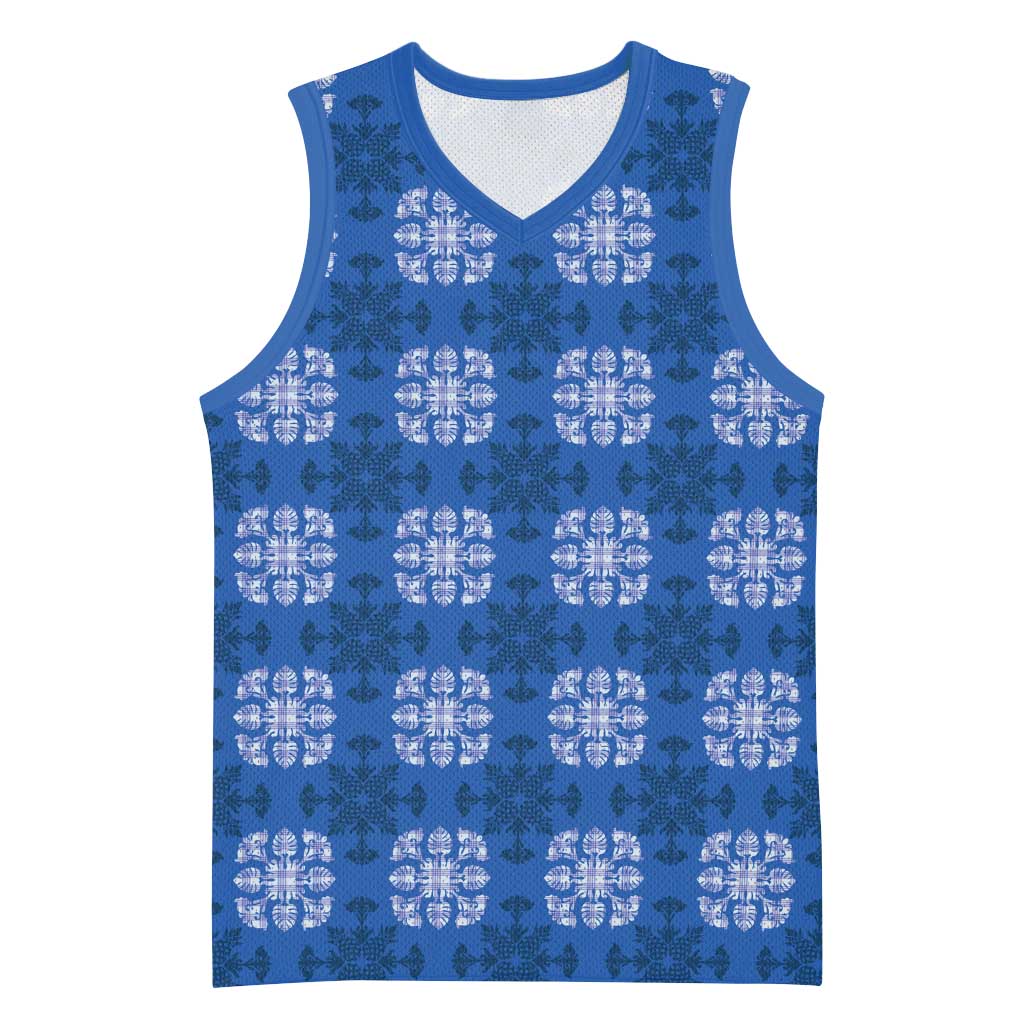 Royal Blue Hawaiian Quilt Basketball Jersey Hawaii Pineapple Monstera Palaka Motifs - Polynesian Pride