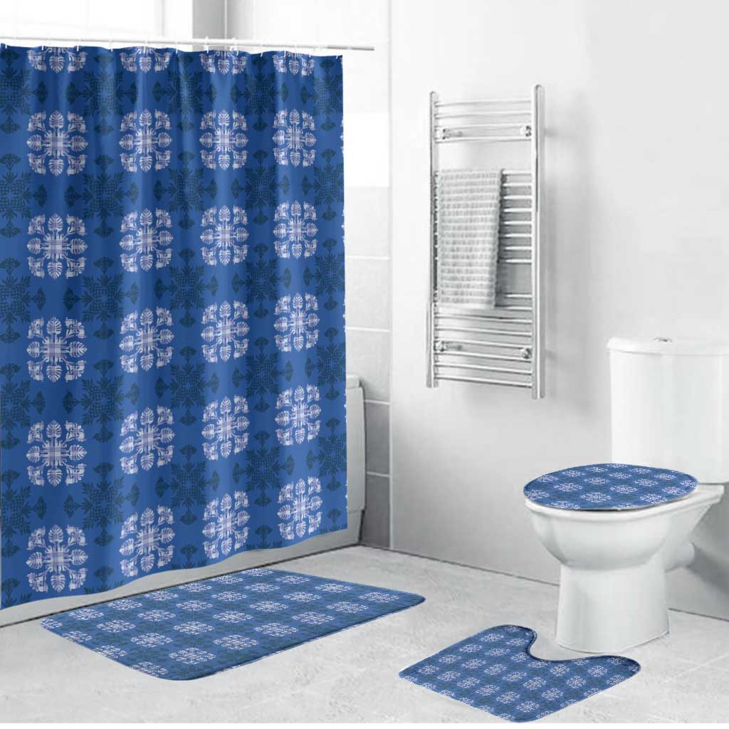 Royal Blue Hawaiian Quilt Bathroom Set Hawaii Pineapple Monstera Palaka Motifs - Polynesian Pride