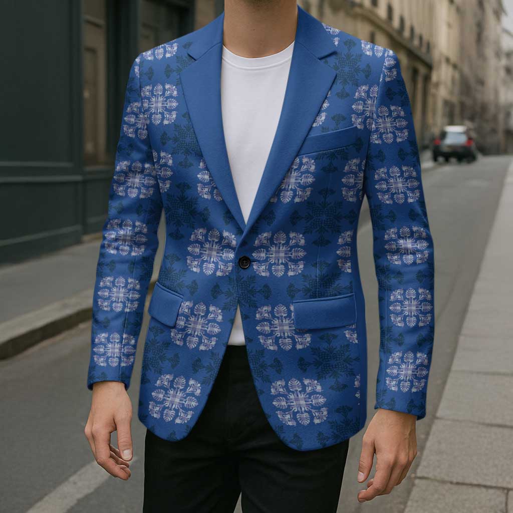 Royal Blue Hawaiian Quilt Blazer Hawaii Pineapple Monstera Palaka Motifs - Polynesian Pride
