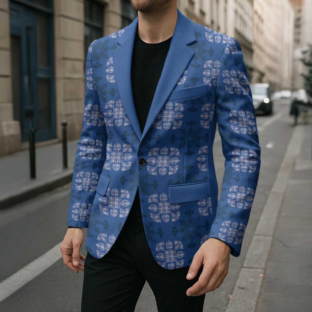 Royal Blue Hawaiian Quilt Blazer Hawaii Pineapple Monstera Palaka Motifs - Polynesian Pride