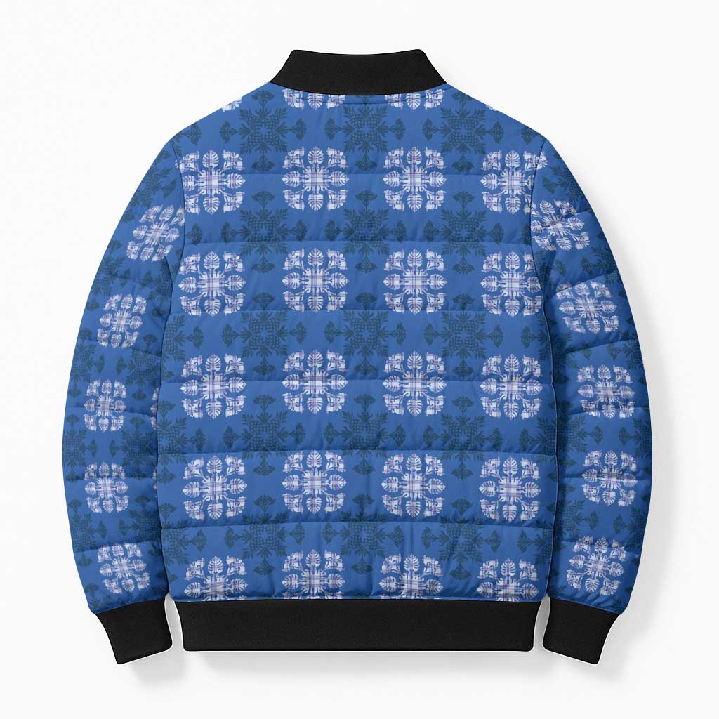 Royal Blue Hawaiian Quilt Bomber Puffer Jacket Hawaii Pineapple Monstera Palaka Motifs - Polynesian Pride