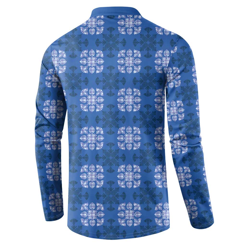 Royal Blue Hawaiian Quilt Button Sweatshirt Hawaii Pineapple Monstera Palaka Motifs - Polynesian Pride