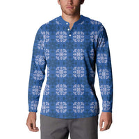 Royal Blue Hawaiian Quilt Button Sweatshirt Hawaii Pineapple Monstera Palaka Motifs - Polynesian Pride