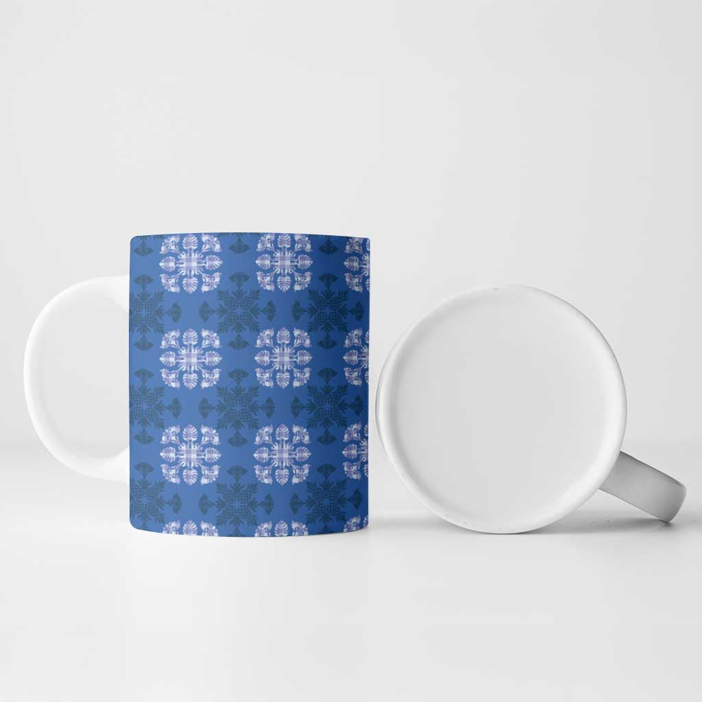 Royal Blue Hawaiian Quilt Ceramic Mug Hawaii Pineapple Monstera Palaka Motifs - Polynesian Pride