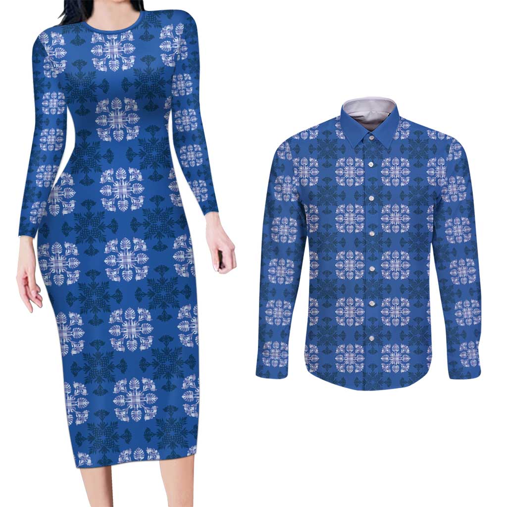 Royal Blue Hawaiian Quilt Couples Matching Long Sleeve Bodycon Dress and Long Sleeve Button Shirt Hawaii Pineapple Monstera Palaka Motifs - Polynesian Pride