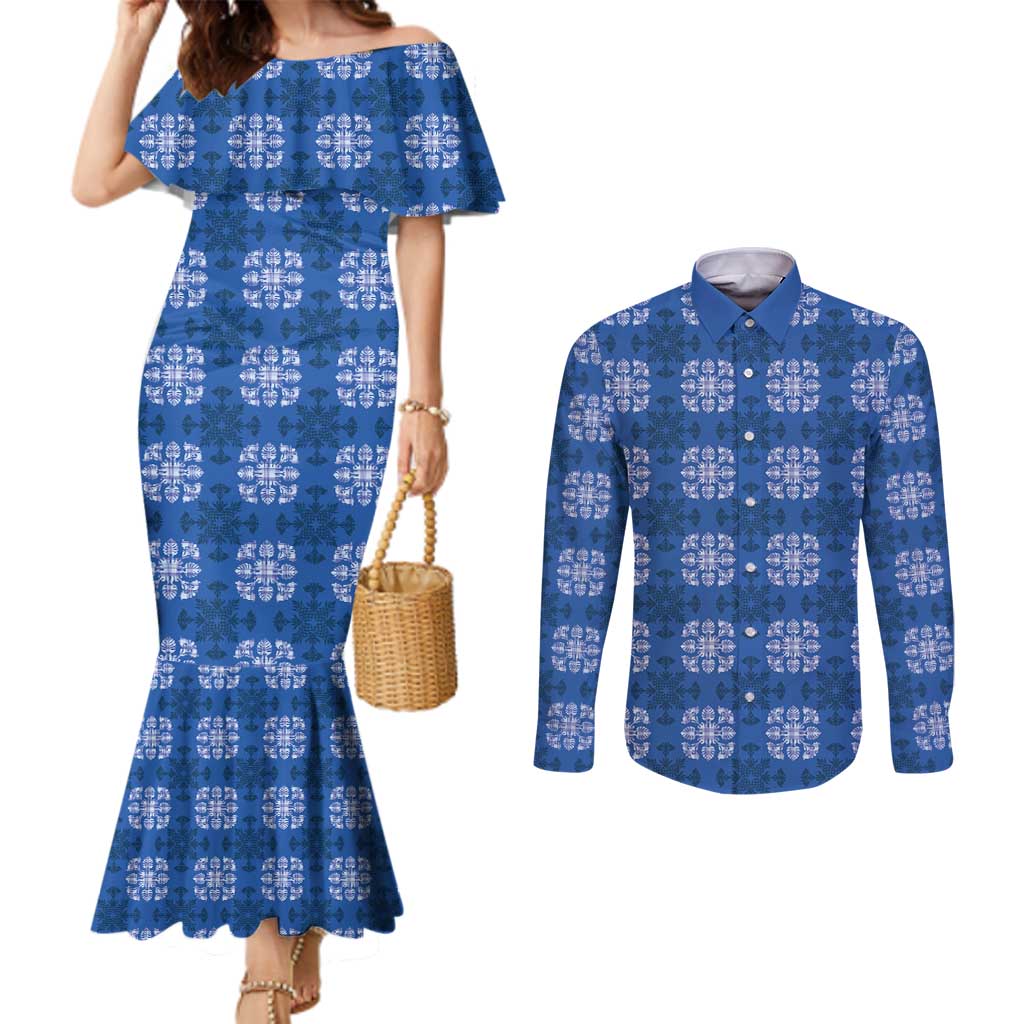 Royal Blue Hawaiian Quilt Couples Matching Mermaid Dress and Long Sleeve Button Shirt Hawaii Pineapple Monstera Palaka Motifs - Polynesian Pride