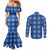 Royal Blue Hawaiian Quilt Couples Matching Mermaid Dress and Long Sleeve Button Shirt Hawaii Pineapple Monstera Palaka Motifs - Polynesian Pride