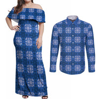 Royal Blue Hawaiian Quilt Couples Matching Off Shoulder Maxi Dress and Long Sleeve Button Shirt Hawaii Pineapple Monstera Palaka Motifs - Polynesian Pride