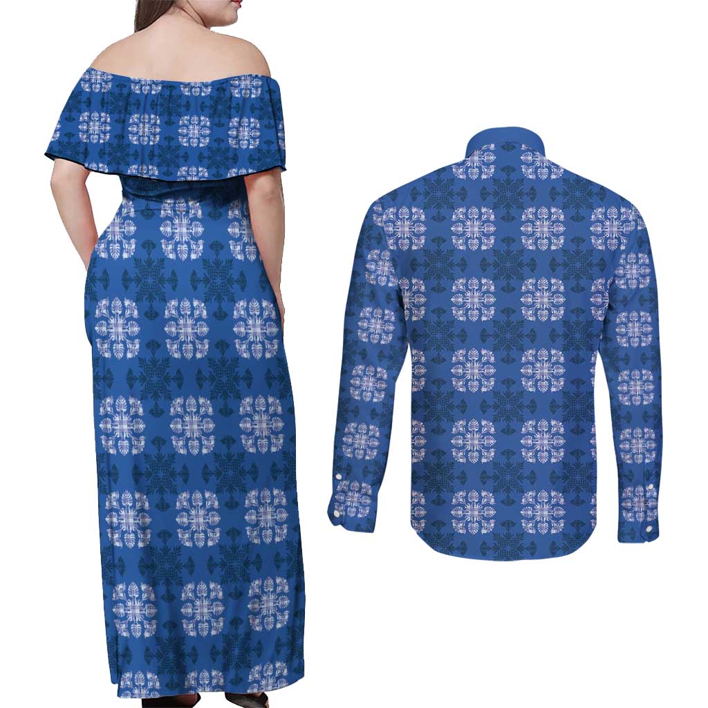 Royal Blue Hawaiian Quilt Couples Matching Off Shoulder Maxi Dress and Long Sleeve Button Shirt Hawaii Pineapple Monstera Palaka Motifs - Polynesian Pride