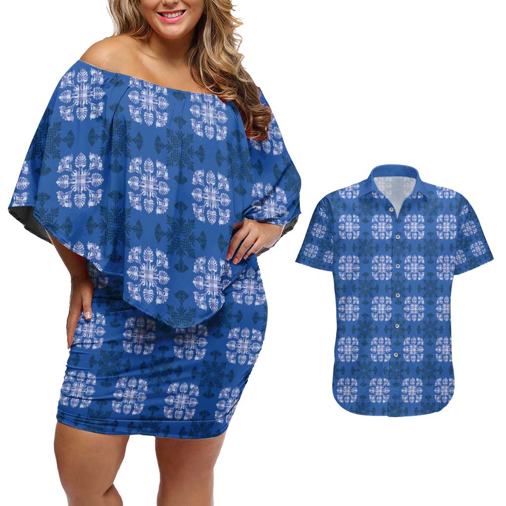 Royal Blue Hawaiian Quilt Couples Matching Off Shoulder Short Dress and Hawaiian Shirt Hawaii Pineapple Monstera Palaka Motifs - Polynesian Pride