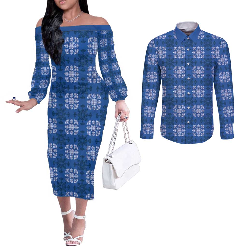 Royal Blue Hawaiian Quilt Couples Matching Off The Shoulder Long Sleeve Dress and Long Sleeve Button Shirt Hawaii Pineapple Monstera Palaka Motifs - Polynesian Pride