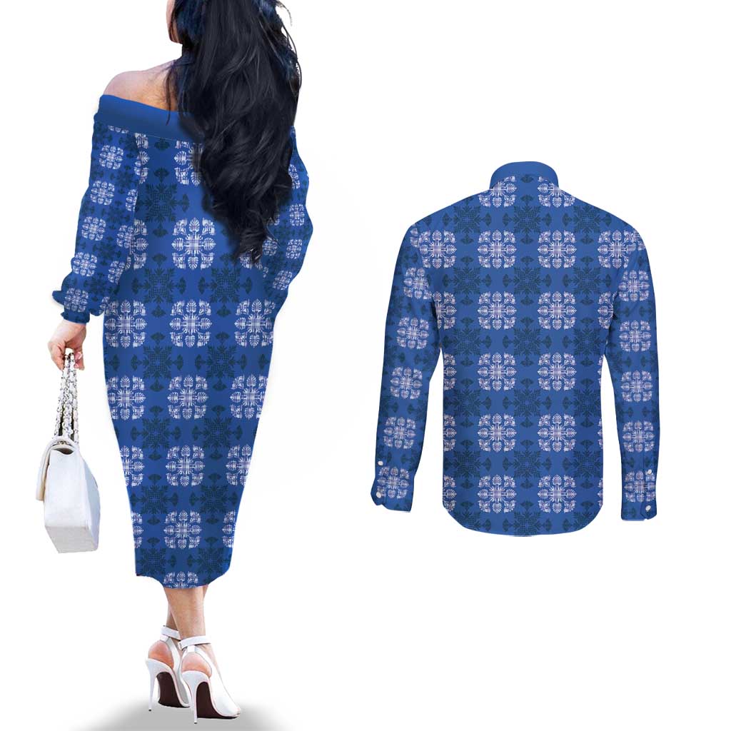 Royal Blue Hawaiian Quilt Couples Matching Off The Shoulder Long Sleeve Dress and Long Sleeve Button Shirt Hawaii Pineapple Monstera Palaka Motifs - Polynesian Pride