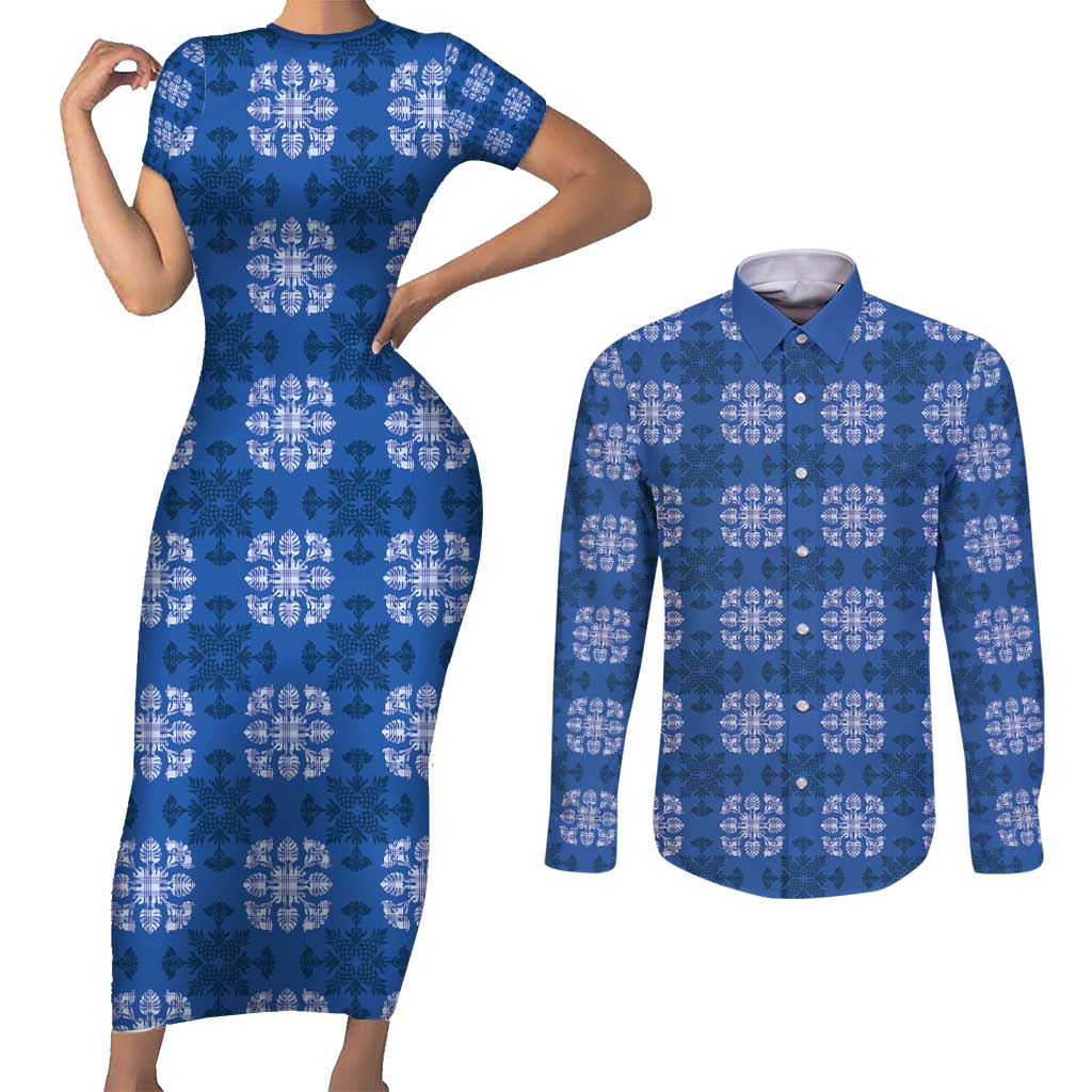 Royal Blue Hawaiian Quilt Couples Matching Short Sleeve Bodycon Dress and Long Sleeve Button Shirt Hawaii Pineapple Monstera Palaka Motifs - Polynesian Pride