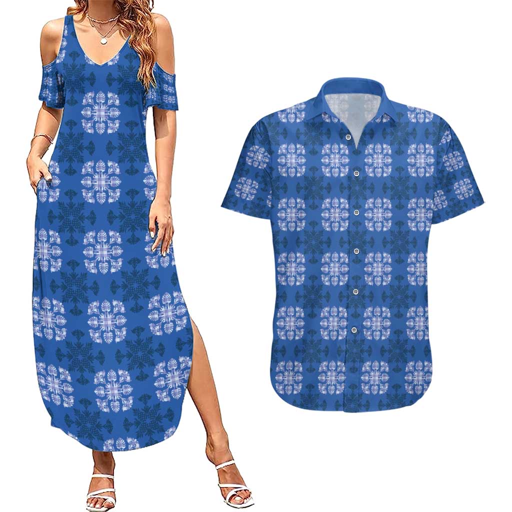 Royal Blue Hawaiian Quilt Couples Matching Summer Maxi Dress and Hawaiian Shirt Hawaii Pineapple Monstera Palaka Motifs - Polynesian Pride