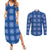 Royal Blue Hawaiian Quilt Couples Matching Summer Maxi Dress and Long Sleeve Button Shirt Hawaii Pineapple Monstera Palaka Motifs - Polynesian Pride