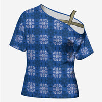 Royal Blue Hawaiian Quilt Cross Shoulder Shirt Hawaii Pineapple Monstera Palaka Motifs - Polynesian Pride