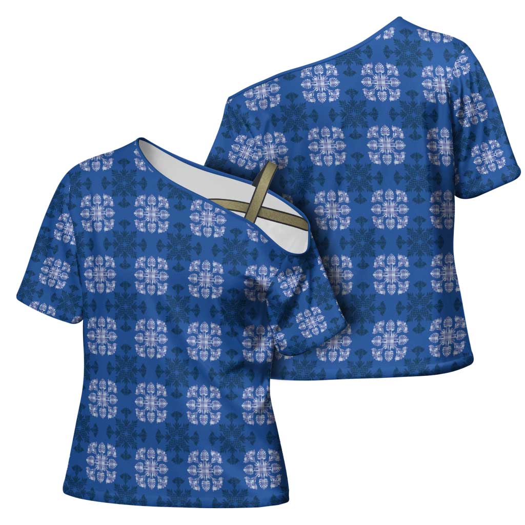 Royal Blue Hawaiian Quilt Cross Shoulder Shirt Hawaii Pineapple Monstera Palaka Motifs - Polynesian Pride