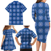 Royal Blue Hawaiian Quilt Family Matching Long Sleeve Bodycon Dress and Hawaiian Shirt Hawaii Pineapple Monstera Palaka Motifs - Polynesian Pride