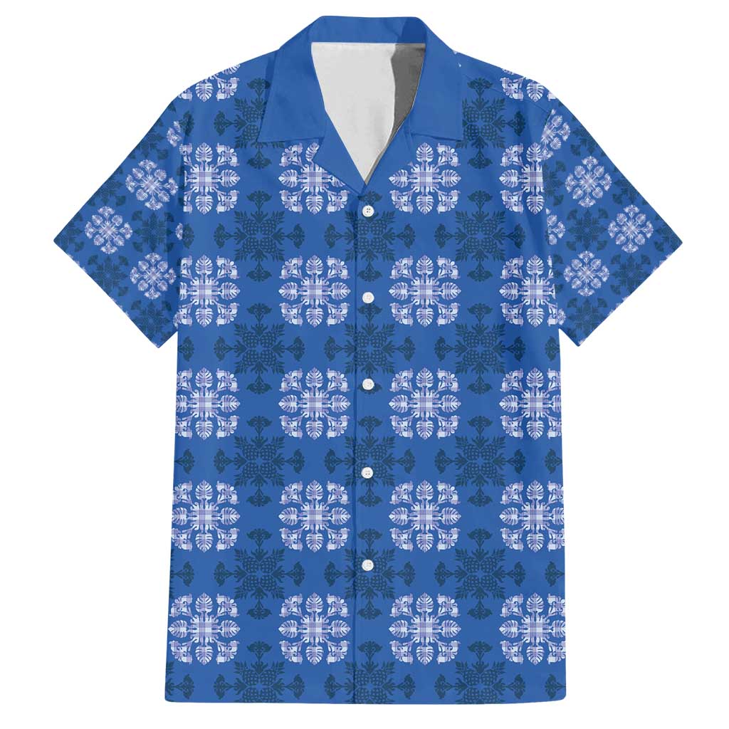Royal Blue Hawaiian Quilt Family Matching Long Sleeve Bodycon Dress and Hawaiian Shirt Hawaii Pineapple Monstera Palaka Motifs - Polynesian Pride
