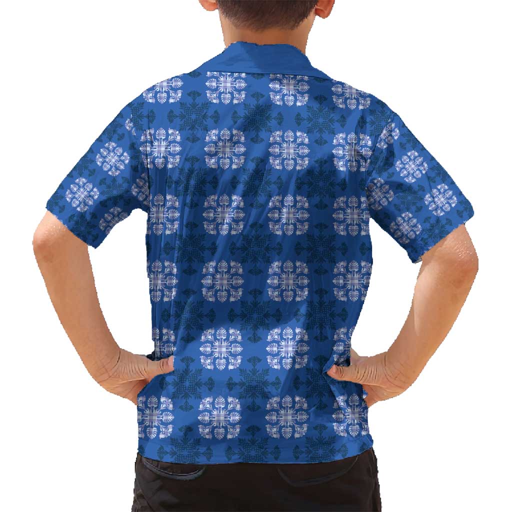 Royal Blue Hawaiian Quilt Family Matching Off Shoulder Short Dress and Hawaiian Shirt Hawaii Pineapple Monstera Palaka Motifs - Polynesian Pride