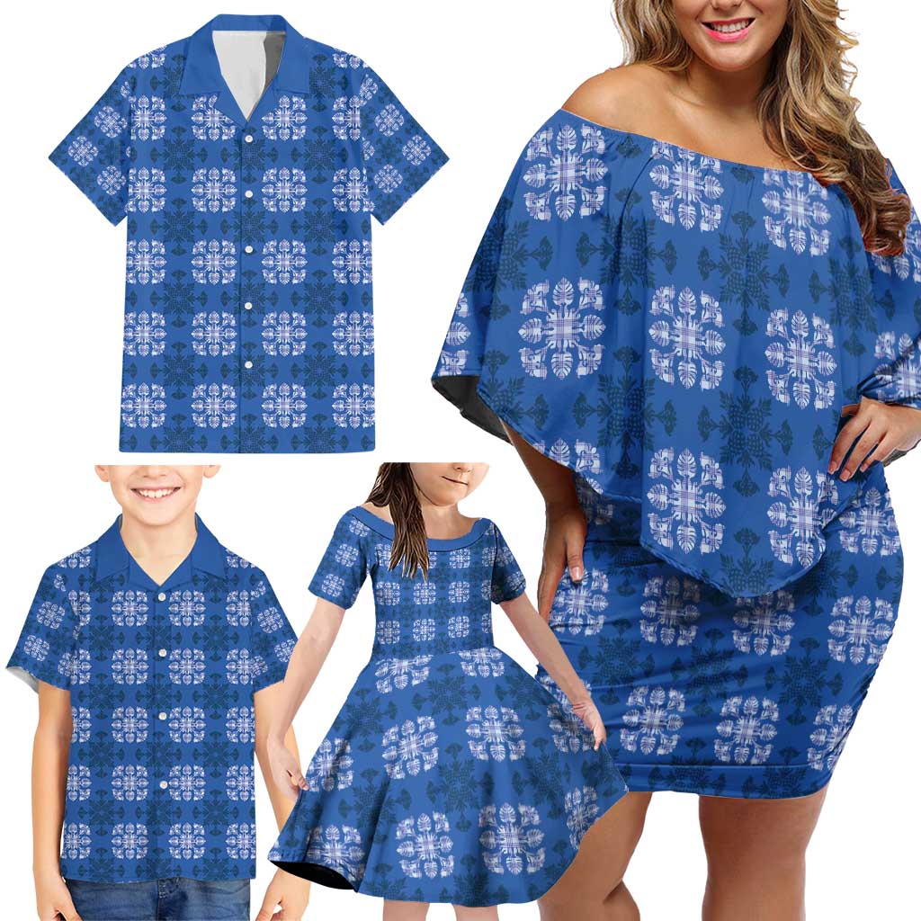 Royal Blue Hawaiian Quilt Family Matching Off Shoulder Short Dress and Hawaiian Shirt Hawaii Pineapple Monstera Palaka Motifs - Polynesian Pride