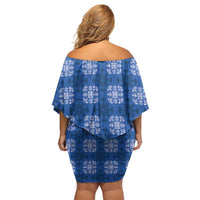 Royal Blue Hawaiian Quilt Family Matching Off Shoulder Short Dress and Hawaiian Shirt Hawaii Pineapple Monstera Palaka Motifs - Polynesian Pride