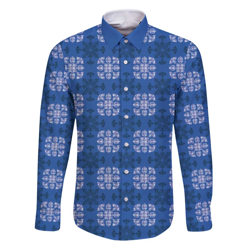 Royal Blue Hawaiian Quilt Family Matching Puletasi and Hawaiian Shirt Hawaii Pineapple Monstera Palaka Motifs - Polynesian Pride