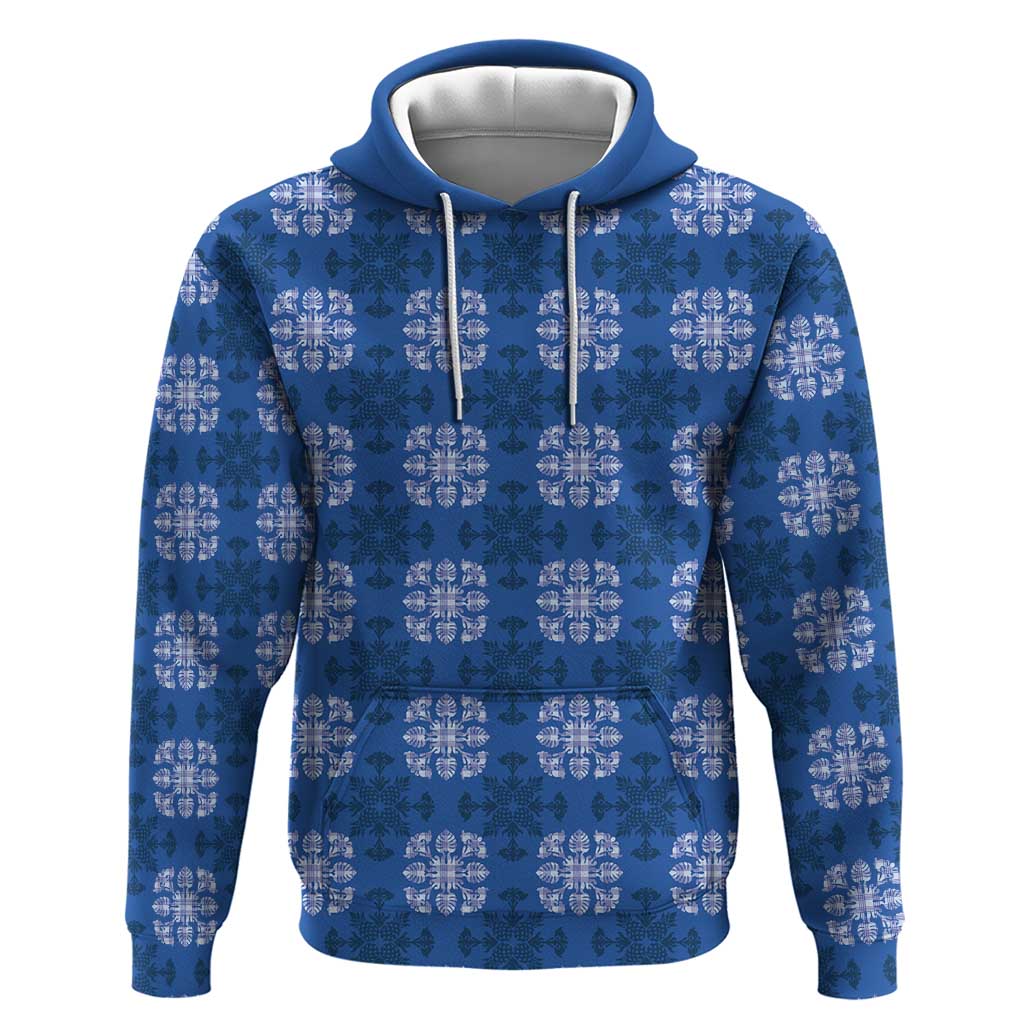 Royal Blue Hawaiian Quilt Hoodie Hawaii Pineapple Monstera Palaka Motifs - Polynesian Pride