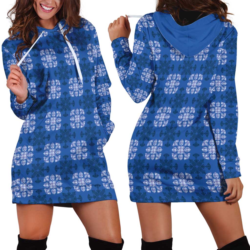 Royal Blue Hawaiian Quilt Hoodie Dress Hawaii Pineapple Monstera Palaka Motifs - Polynesian Pride