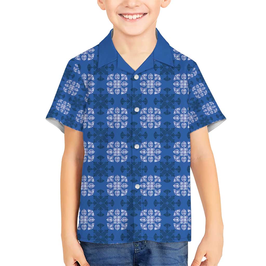 Royal Blue Hawaiian Quilt Kid Hawaiian Shirt Hawaii Pineapple Monstera Palaka Motifs - Polynesian Pride