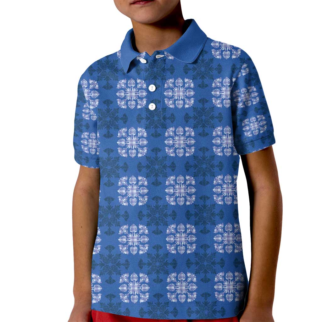Royal Blue Hawaiian Quilt Kid Polo Shirt Hawaii Pineapple Monstera Palaka Motifs - Polynesian Pride