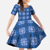 Royal Blue Hawaiian Quilt Kid Short Sleeve Dress Hawaii Pineapple Monstera Palaka Motifs - Polynesian Pride