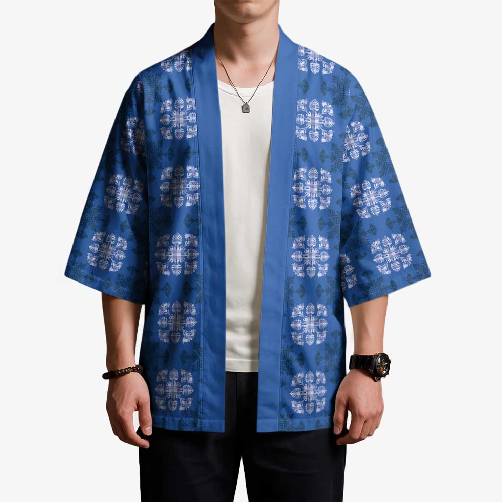 Royal Blue Hawaiian Quilt Kimono Hawaii Pineapple Monstera Palaka Motifs - Polynesian Pride
