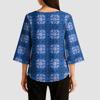 Royal Blue Hawaiian Quilt Kimono Sleeve Blouse Hawaii Pineapple Monstera Palaka Motifs - Polynesian Pride