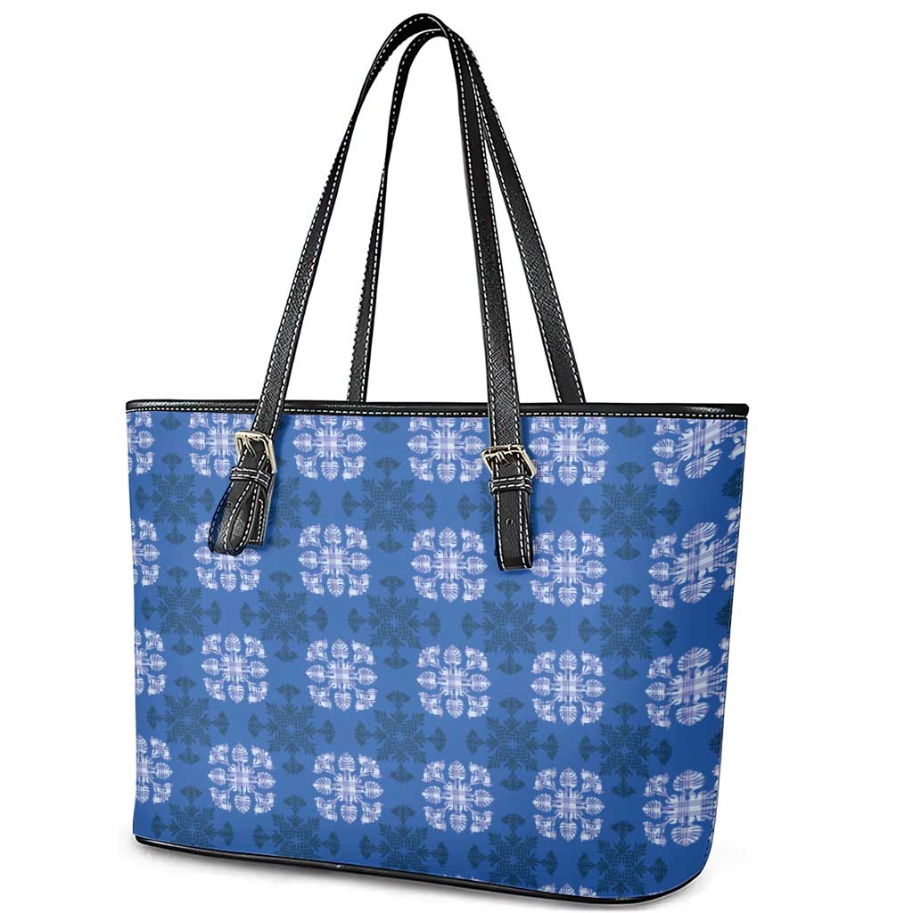 Royal Blue Hawaiian Quilt Leather Tote Bag Hawaii Pineapple Monstera Palaka Motifs - Polynesian Pride