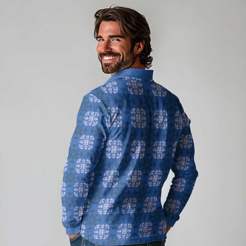 Royal Blue Hawaiian Quilt Long Sleeve Polo Shirt Hawaii Pineapple Monstera Palaka Motifs - Polynesian Pride