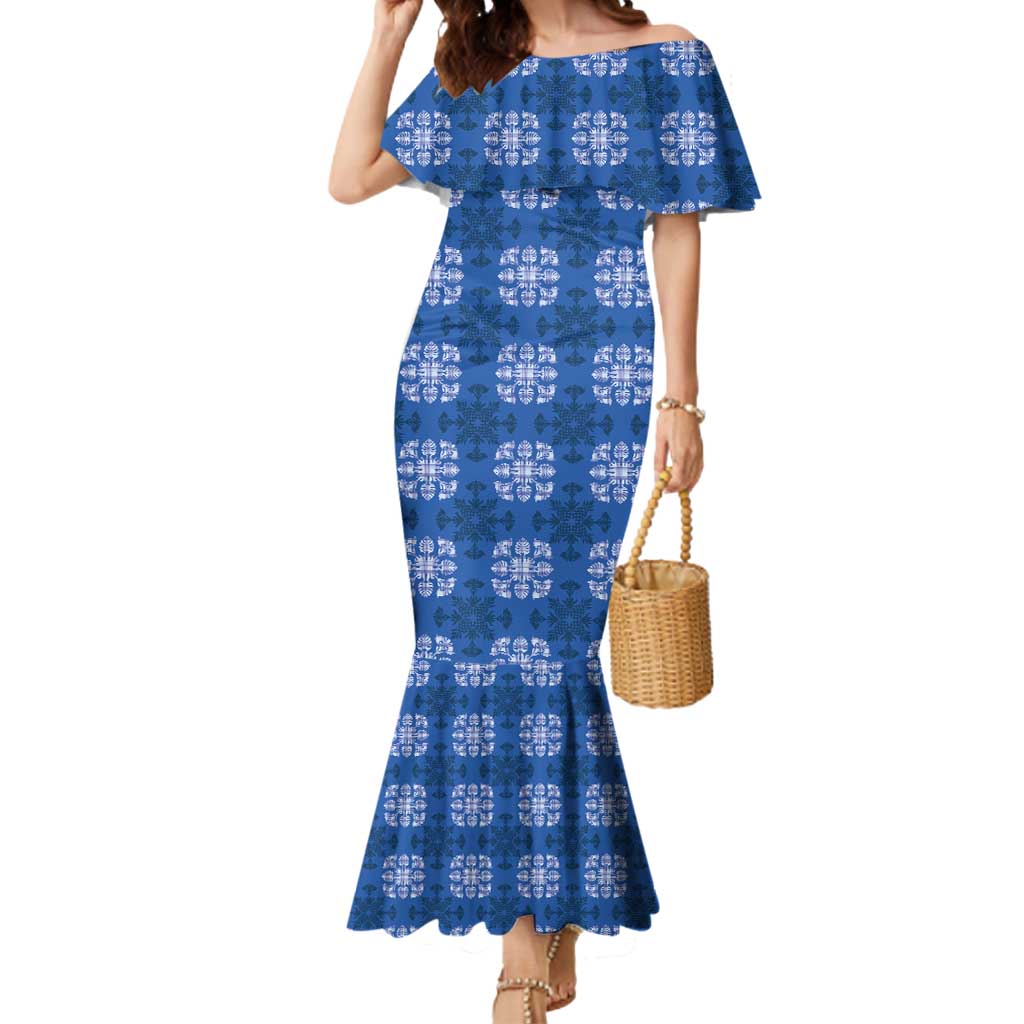 Royal Blue Hawaiian Quilt Mermaid Dress Hawaii Pineapple Monstera Palaka Motifs - Polynesian Pride