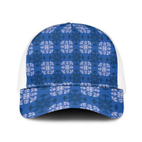 Royal Blue Hawaiian Quilt Mesh Trucker Cap Hawaii Pineapple Monstera Palaka Motifs - Polynesian Pride