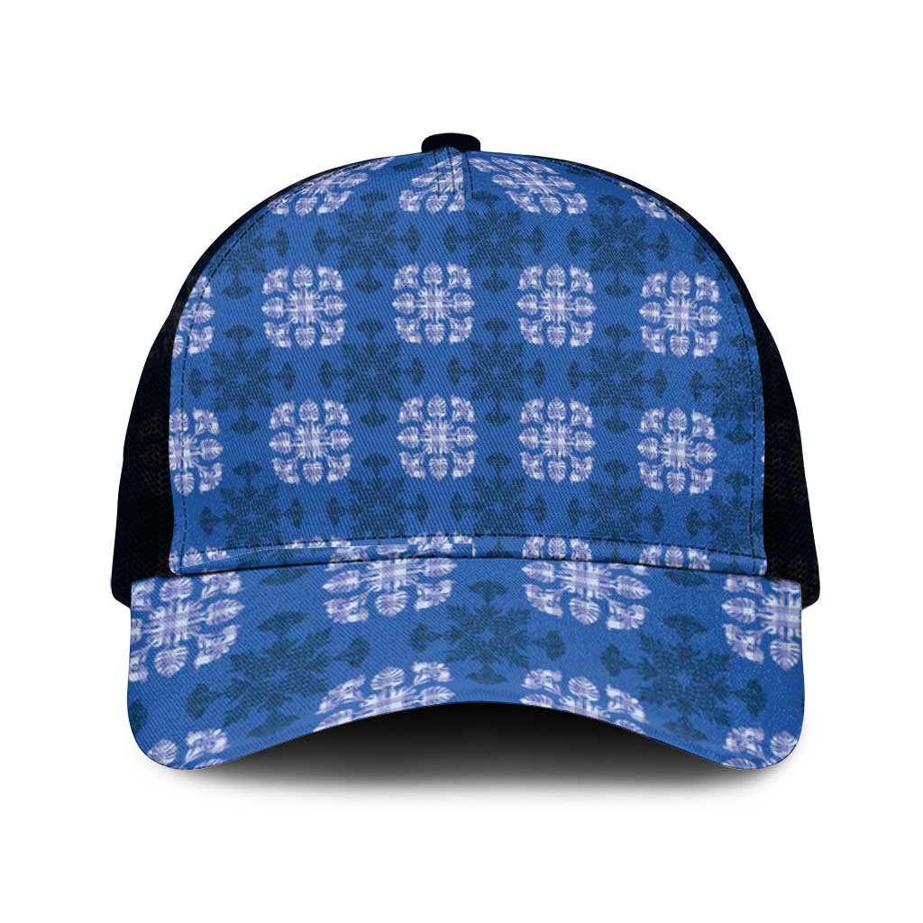 Royal Blue Hawaiian Quilt Mesh Trucker Cap Hawaii Pineapple Monstera Palaka Motifs - Polynesian Pride